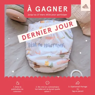 ⏰ C’est le dernier jour pour participer à notre concours “𝐁𝐞́𝐛𝐞́ 𝐝𝐞 𝐩𝐫𝐢𝐧𝐭𝐞𝐦𝐩𝐬” !

𝐀̀ 𝐆𝐀𝐆𝐍𝐄𝐑
Une couche “𝐁𝐞́𝐛𝐞́ 𝐝𝐞 𝐩𝐫𝐢𝐧𝐭𝐞𝐦𝐩𝐬” signée La Petite Ourse
Tu as jusqu’à ce soir, 27 mars 2026, pour participer