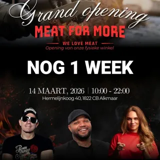 🎉 𝗡𝗢𝗚 𝟭 𝗪𝗘𝗘𝗞 🎉

Nog maar één week tot de opening van onze Meat For More winkel in Alkmaar en dat vieren we groots. 🤩 Kom langs voor gratis hapjes en drankjes, bekijk hoe meesterslager Gertjan Kiers li