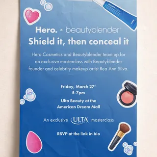 Your new fave makeup essentials have teamed up for an @ultabeauty masterclass! Meet us at the Ulta Beauty in American Dream Mall on Friday, March 27th from 5-7 to see Beautyblender founder, @reaannsil
