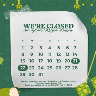 Hari Raya Closure Notice 🌙

We’ll be closed on 21st March and will resume on 23rd March.

Selamat Hari Raya Aidilfitri! ✨