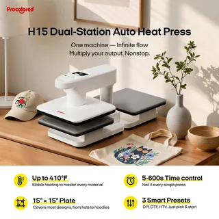 Procolored H15 Dual-Station Heat Press
Built for consistent, reliable pressing 🔥

🔹 Stable heating up to 410℉ for consistent results
🔹 Adjustable time control (5–600s) for different materials
🔹 15" × 
