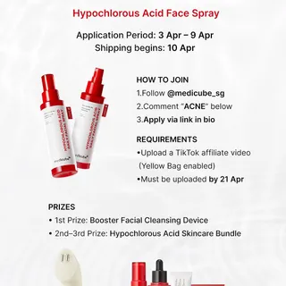 Breakouts? Target acne-causing bacteria.
 
✅ Applications open: 3 Apr – 9 Apr
✅ Shipping begins: 10 Apr
 
🥇 1st Prize: Booster Facial Cleansing Device
🥈🥉 2nd–3rd Prize: Hypochlorous Acid Skincare Bund