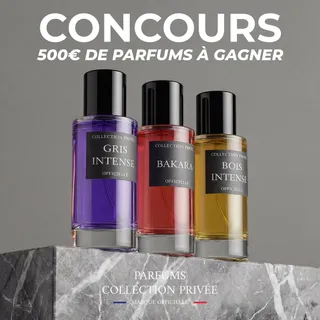 CONCOURS – PARFUMS COLLECTION PRIVÉE – OFFICIELLE

À l’occasion de cet instant privilégié,
Parfums Collection Privée offre à 5 participants un chèque cadeau de 100 €, valable sur l’ensemble de ses cré