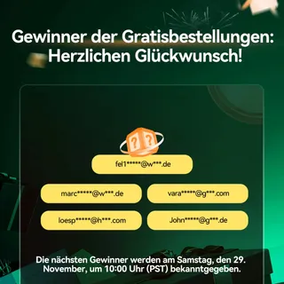 🎉 Gewinner der Gratisbestellungen – Herzlichen Glückwunsch! 🎉

Wir freuen uns, die glücklichen Gewinner unserer kostenlosen Bestellaktion bekanntzugeben!
Ein riesiges Dankeschön an alle, die teilgenom