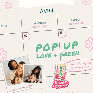 Vous êtes invités au tout premier pop-up Love & Green 💚

Pendant 2 jours, on vous accueille dans un cocon tout doux à Paris :
✨ ateliers bébé
✨ moments cocooning
✨ surprises & cadeaux
✨ rencontres et 