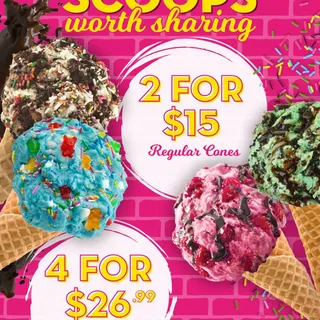 Bring a friend and treat yourselves 😋 🍦
2 Regular Cones for $15 or 4 for $26.99 (2 Small + 2 Regular)!  

The perfect excuse for a sweet treat together🥳🙌 Available March 15–29. 

Exclusions apply. Ava