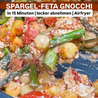 Anzeige ⬇️ 15 Minuten Spargel-Feta-Gnocchi
492 kcal | 69 Kohlenhydrate | 27 Protein | 11 Fett
bei 1 von 2

✅ Airfryer Rezept
✅ Mealprep geeignet und WPF kleine Mahlzeit

2 kleine Portionen 
✨ 500g Min