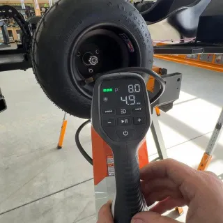 Last step before @brigs.mitchell could take the new go kart out for the first test ride was to pump up the tires with the @stihlcanada cordless inflator 👍 #stihlpartner