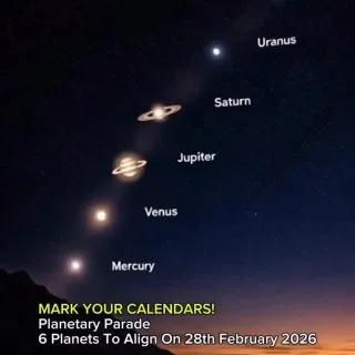 look up 🪐✨On 28th February 2026, the sky puts on a rare show w/ a planetary parade of 6 worlds lining up in our cosmic neighborhood. From shimmering dots to bright wanderers, this alignment is a remin
