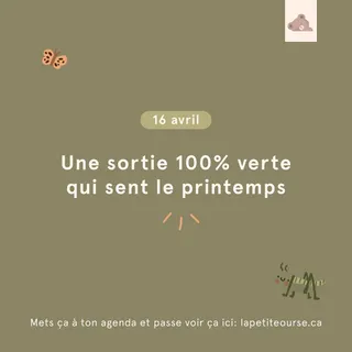 Salut! ✨
 Le 16 avril, je te dévoile notre 𝐜𝐨𝐥𝐥𝐞𝐜𝐭𝐢𝐨𝐧 𝐯𝐞𝐫𝐭𝐞.
 Une sortie 100% vert qui sent le printemps 🌿
 Mets ça à ton agenda et passe voir ça ici : https://lapetiteourse.ca/
 
 #LPOfamily#couchesl