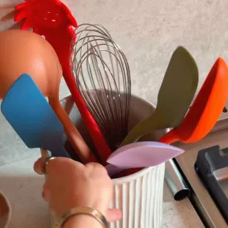 Your kitchen probably only needs these five tools:

Spatula.
Flip.
Spoon.
Spoonula.
Ladle.

Dishwasher safe.
Microplastic-free.
Heat-resistant platinum-grade silicone.

The tools you’ll reach for ever