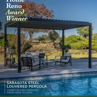 Made to help you get more out of your outdoor space, every day. The Sarasota Steel Louvered Pergola is built to adapt, with adjustable louvers, built-in drainage, and power where you need it.