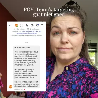 Denk je dat Temu nog gaat reageren? 🤣 

Mijn inbox zit vol met vreemde aanvragen, samenwerkingen en verzoeken. Maar deze spande de kroon 🤭 

Dit is de allergrootste mismatch ever, dus ik kon het niet 