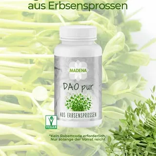 👏 Neu! MADENA DAO pur
Vegane Diaminoxidase aus Erbsensprossen 🌱
Sicher dir jetzt 33% Rabatt!*

🌱 Histaminhaltige Nahrung besser planen
🌱 Hohe DAO-Aktivität: Jede Kapsel enthält 100.000 HDU
🌱 Vegan und