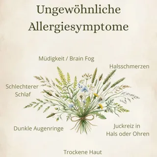 🤧 Allergie – aber nicht so, wie du denkst…
Nicht jeder Heuschnupfen zeigt sich nur durch Niesen & tränende Augen.
Manchmal sendet dein Körper ganz andere Signale. 👇

👉 Ungewöhnliche Allergiesymptome, 