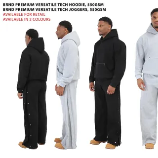 BRND Premium Versatile Tech Hoodie & Joggers 550GSM
Available in Black & Grey 
Available for Retail Only
#luxuryblanks #premiumblanks #plainclothing
