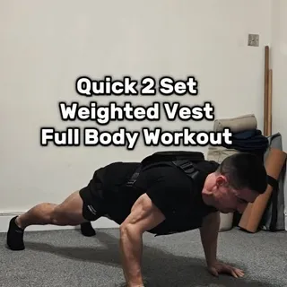 Here's a quick 2 set full body workout using just a weighted vest and the floor doing Push Ups, Squat Jumps and Easy Glute Bridges:

After warming up, do as many Push Ups as you can until it becomes v
